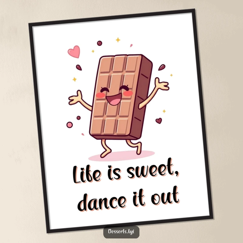 Funny Free Printable Wall Art: A joyful chocolate bar is captured mid-dance with vibrant energy, bringing sweet fun to any space.