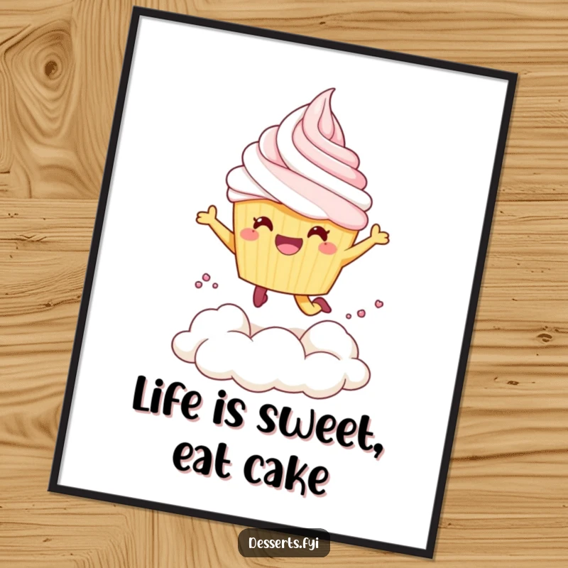 Funny Free Printable Wall Art: Cheerful cupcake character mid-leap into a luxurious cloud of whipped cream, a whimsical and delectable scene.
