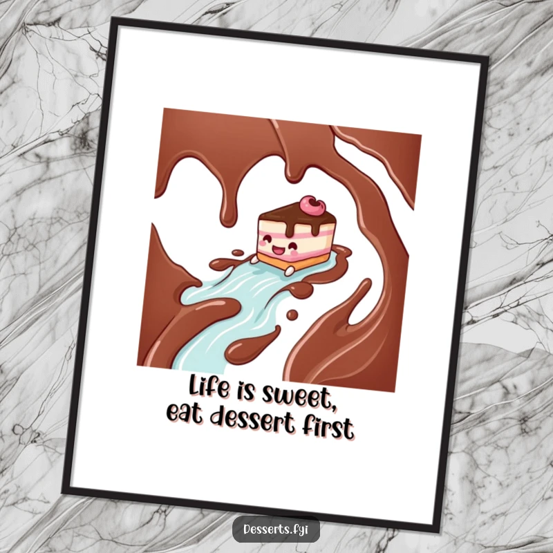 Funny Free Printable Wall Art: Joyful cake character slides down a chocolate syrup river, sweet decor, downloadable art.