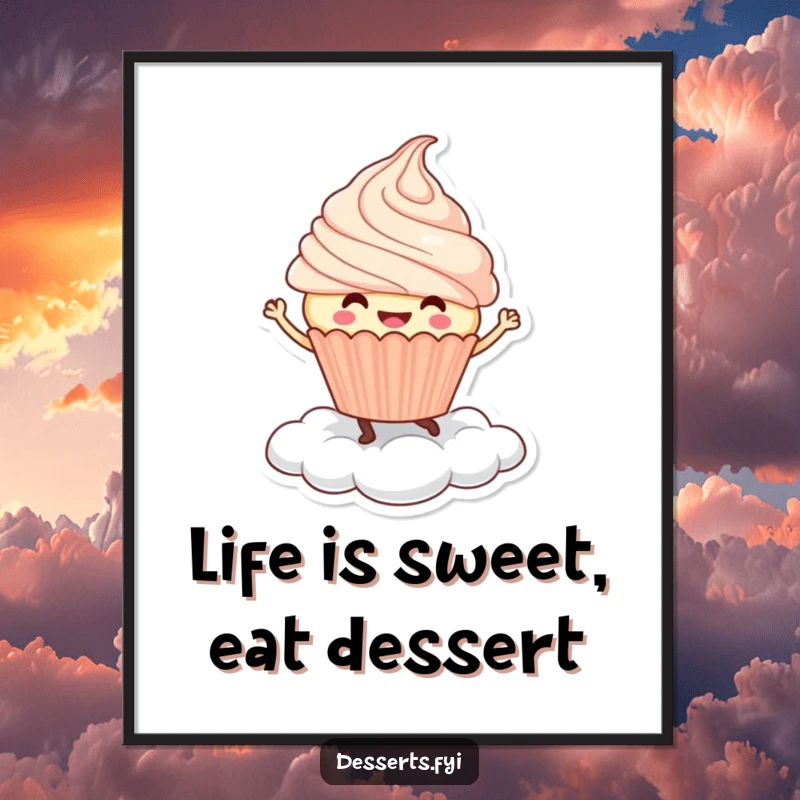 Funny Free Printable Wall Art: A smiling cupcake character does a joyful dance atop a fluffy whipped cream cloud.