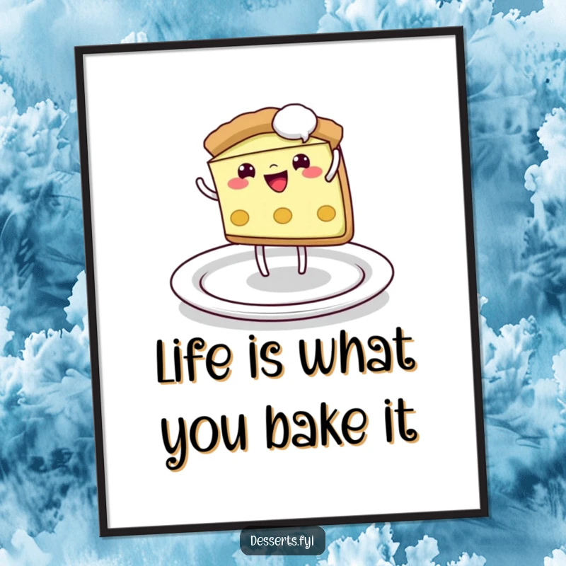 Funny Free Printable Wall Art: A pie slice character performs a cheerful cartwheel across a clean plate.