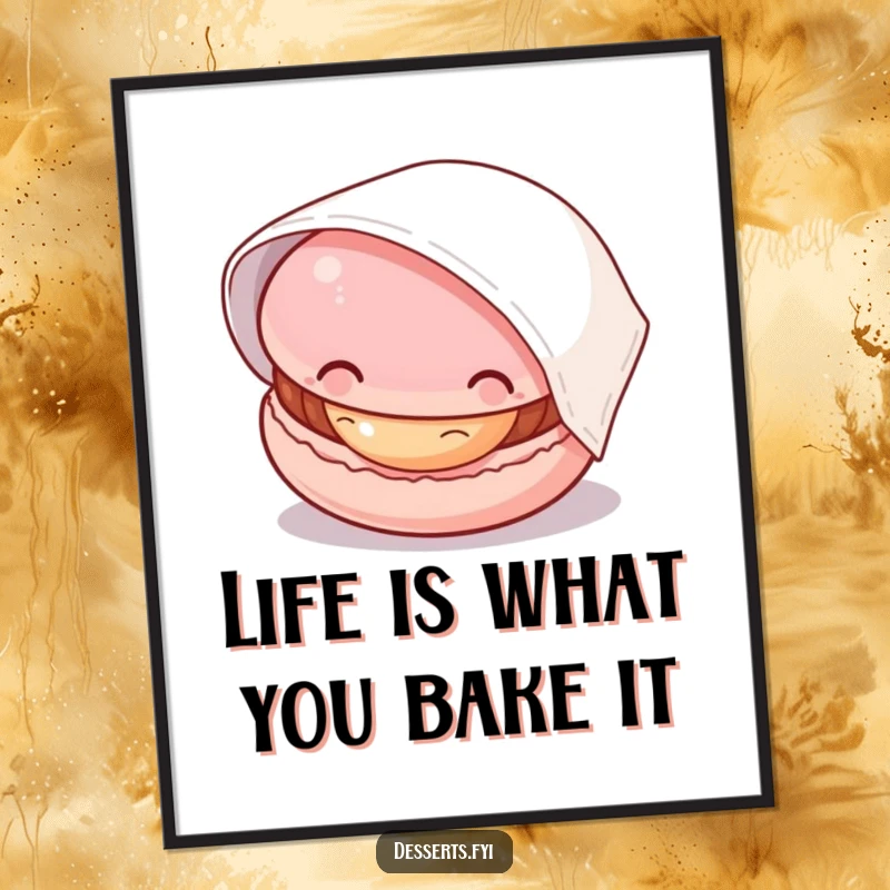 Funny Free Printable Wall Art: A curious macaron with filling peeks from under a napkin, adding quirky decor.