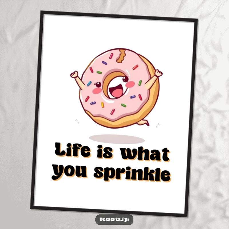 Free Printable Wall Art: Cheerful donut with sprinkles does a joyful cartwheel with pure glee.