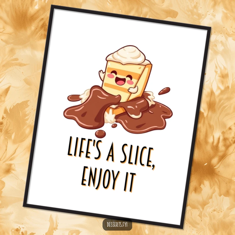 Funny Free Printable cake wall art, a happy cake slice character joyfully sliding down a smooth chocolate syrup river.
