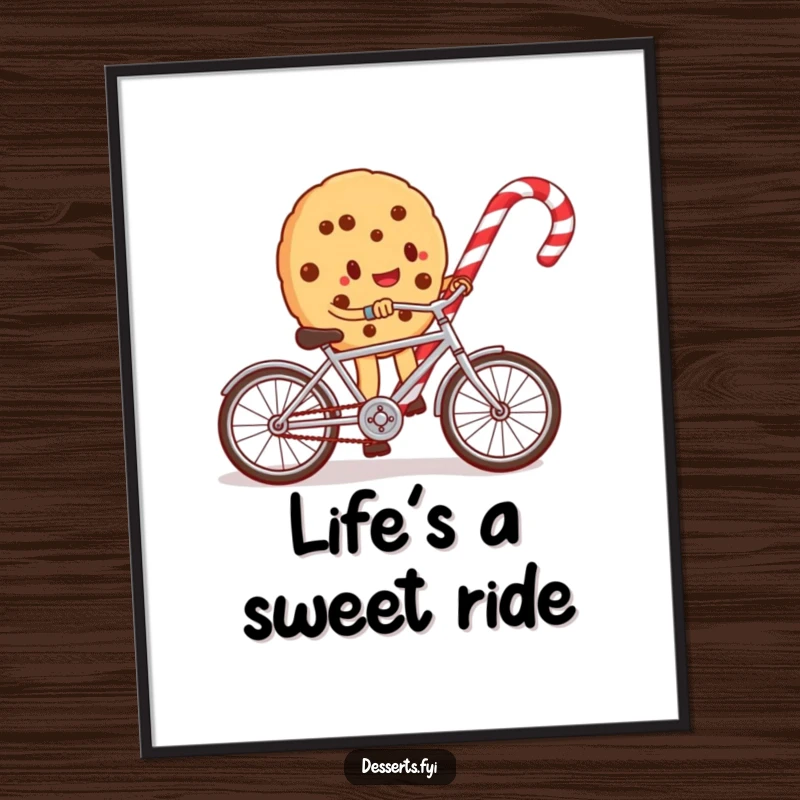 Funny Free Printable Wall Art: A whimsical cookie character humorously pedals a tiny bicycle around a giant candy cane, creating quirky decor.