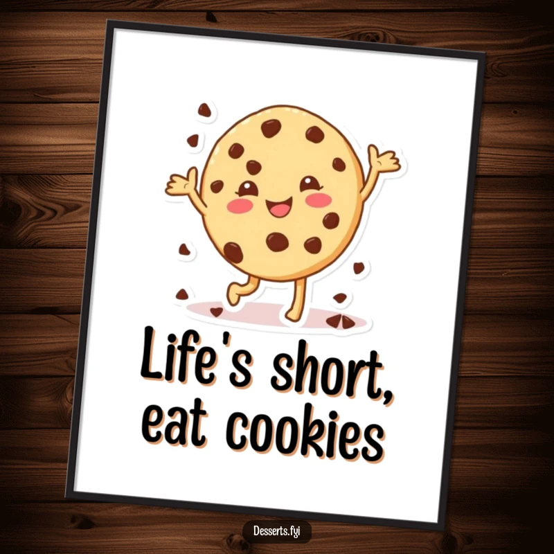 Funny Free Printable cookie wall art, a cheerful cookie character with chocolate chips doing a happy dance, adding fun decor.