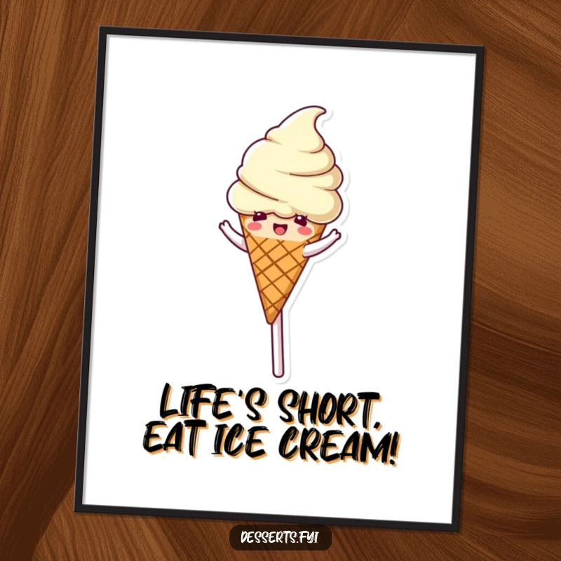 Funny free printable wall art of a delighted ice cream cone character spinning gracefully on a colorful lollipop, a scene of pure sugary joy.