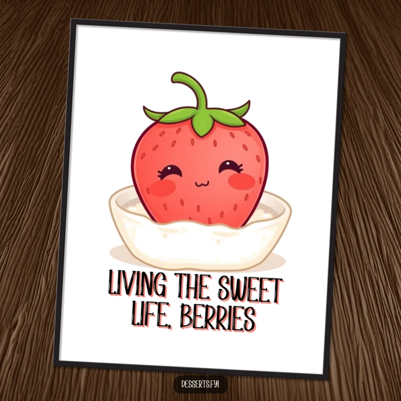 Funny Free Printable Wall Art: A content strawberry with a tiny smile bathes in cream, bringing sweet, relaxing humor to any wall.