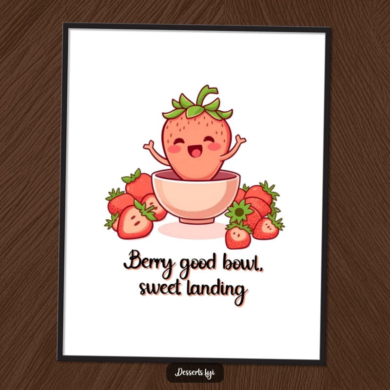 Funny Free Printable Wall Art: A jovial strawberry wearing a leafy crown joyfully jumps into a bowl, adding whimsy.