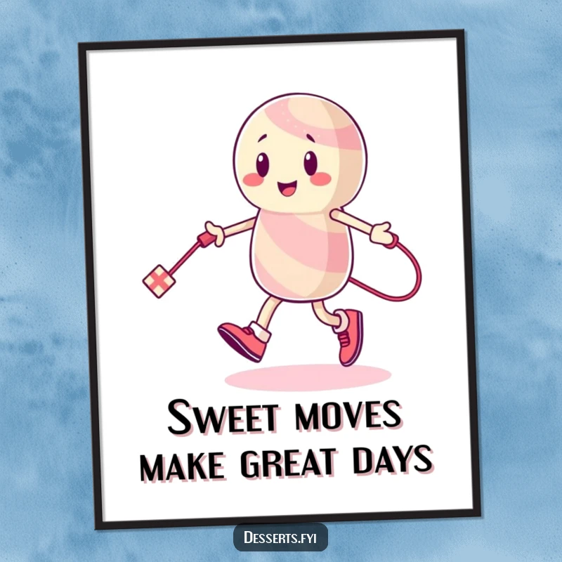 Funny Free Printable Wall Art: Energetic candy character enthusiastically skipping rope with a licorice string, bringing a playful mood.