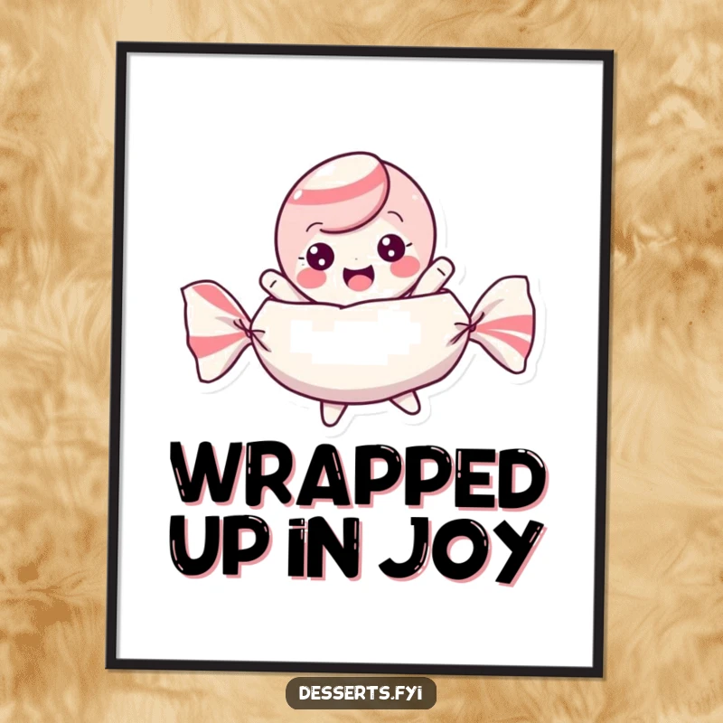 Funny Free Printable Wall Art: A playful candy character excitedly bounces inside its wrapper, creating a sweet piece of art.