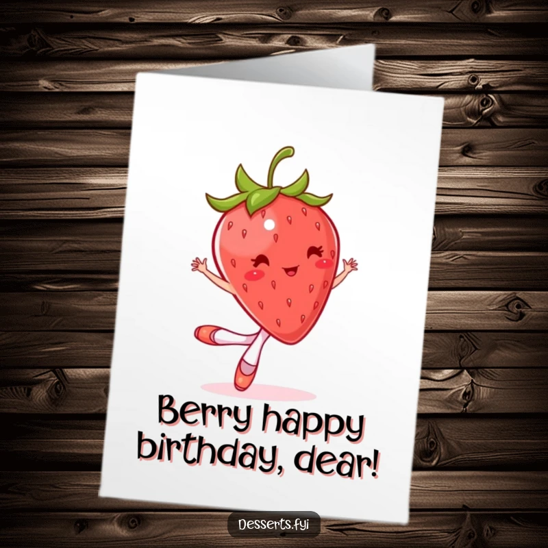 Funny Free Printable Birthday Card: A bouncing strawberry wearing tiny ballet slippers, captured mid-twirl with joyful energy.