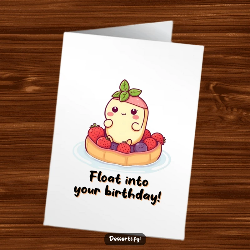 Funny Free Printable Birthday Card: A buoyant tart character happily floats on a raft made of fresh berries, celebrating.