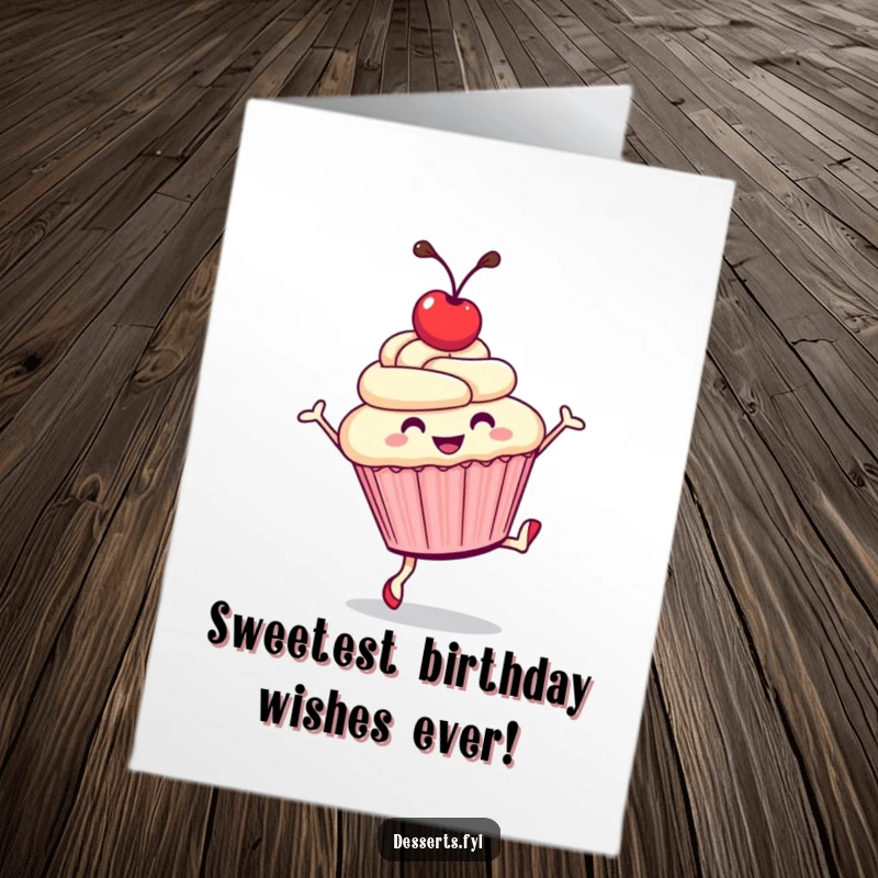 Funny Free Printable Birthday Card featuring a smiling cupcake with a cherry doing a joyful cartwheel.