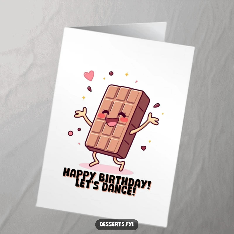 Funny Free Printable Birthday Card: A joyful chocolate bar dances energetically, spreading happiness and birthday cheer.