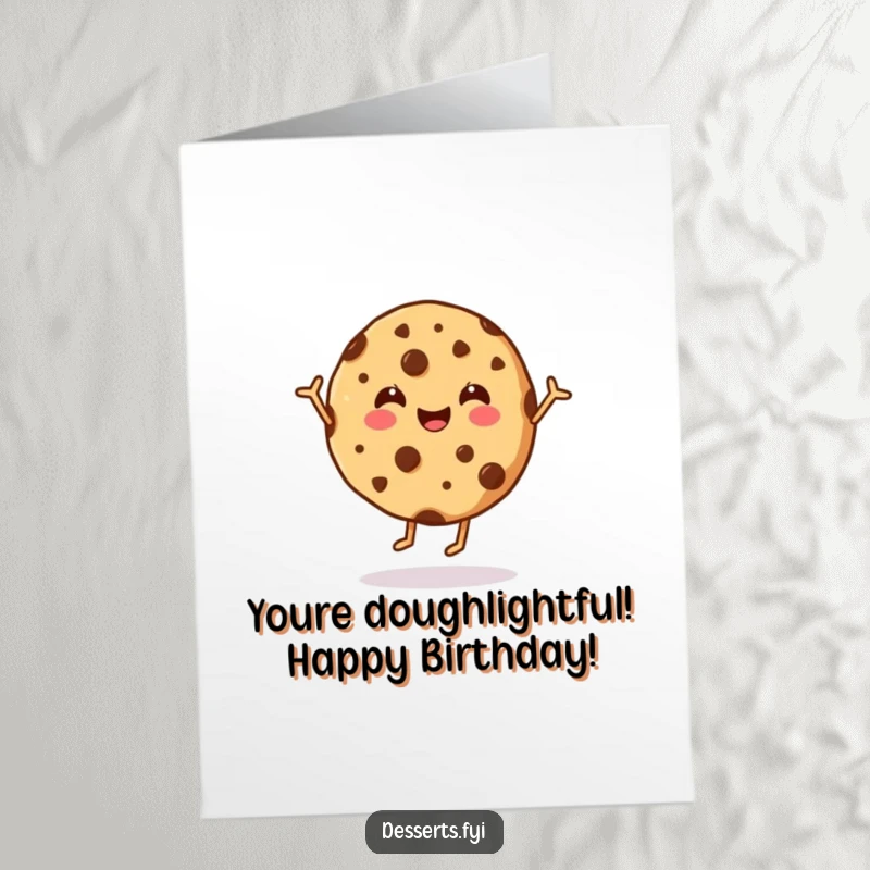 Funny free printable birthday card featuring a happy cookie with chocolate chips dancing energetically with a smile.