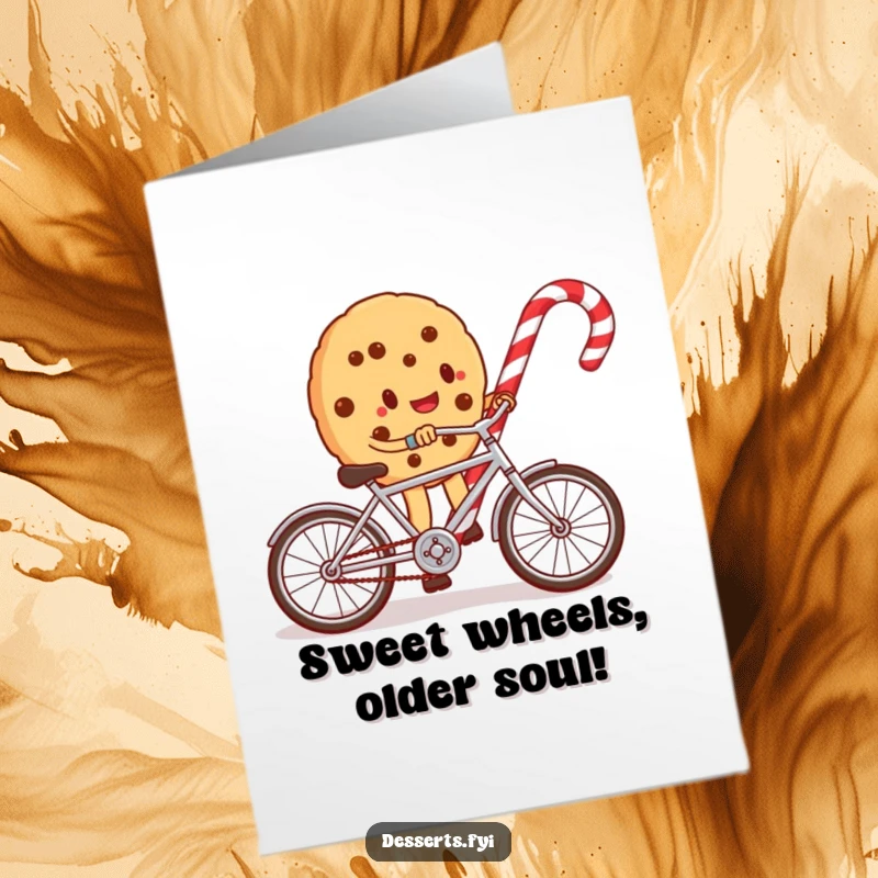 Funny Free Printable Birthday Card: Whimsical cookie character humorously pedals a tiny bicycle around a giant candy cane.