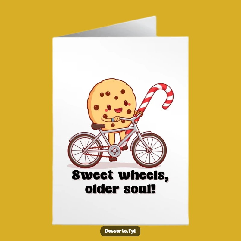 Free Printable Birthday Card: Funny Cookie Cyclist Dodging Candy Cane, Downloadable Gift