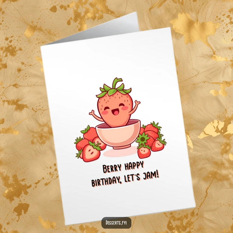 Funny Free Printable Birthday Card: A jovial strawberry with a leafy crown jumps into a bowl for a birthday treat.