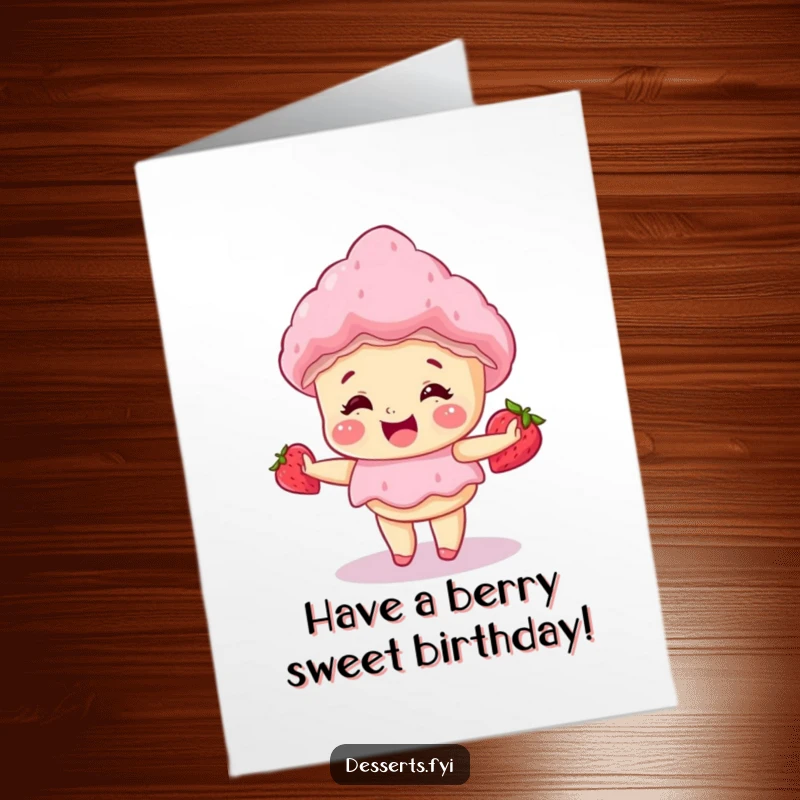 Free Printable Birthday Card: A giggling strawberry shortcake doing a happy little spin.