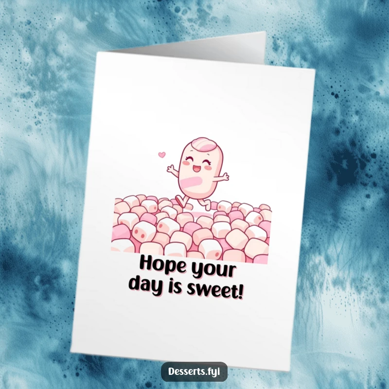 Funny Free Printable Birthday Card: A gleeful candy character skips joyfully through a fluffy field of marshmallows, spreading cheer.