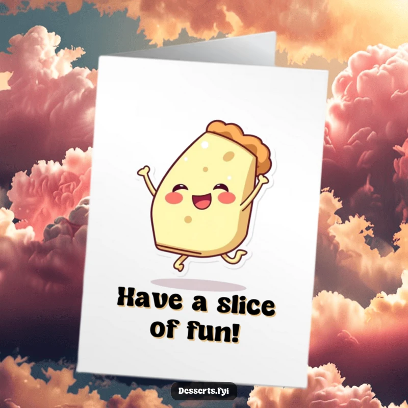 Funny Free Printable Birthday Card featuring a cheerful slice of pie character in a playful leaping pose.