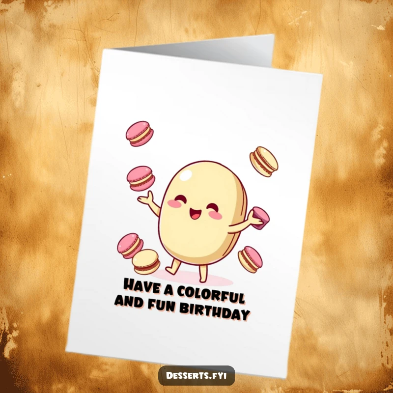 Funny Free Printable Birthday Card: Playful macaroon character happily juggling smaller macarons, celebrating a birthday with colorful flair.