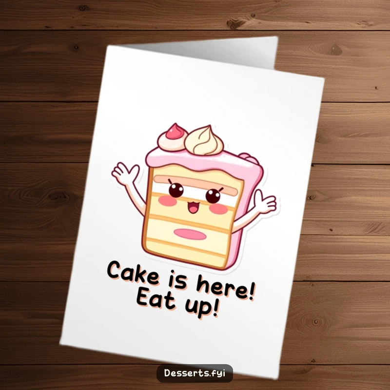 Funny Free Printable Birthday Card: A smiling cake slice with frosting arms excitedly waves hello, a delightful downloadable party greeting.