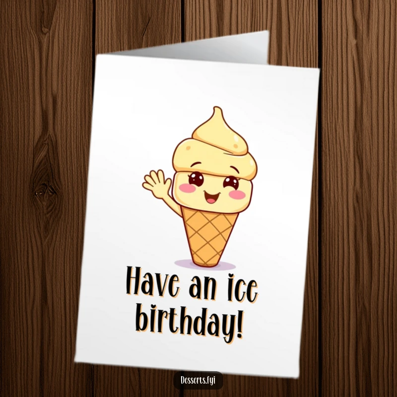 Funny Free Printable Birthday Card featuring a smiling ice cream cone character excitedly waving, perfect for a cool and humorous celebration.