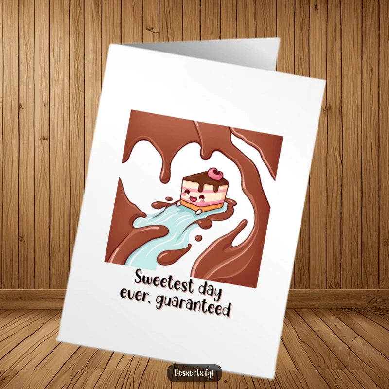 Funny Free Printable Birthday Card: Smiling cake slides down a chocolate syrup river, celebrating with joy, a downloadable gift.