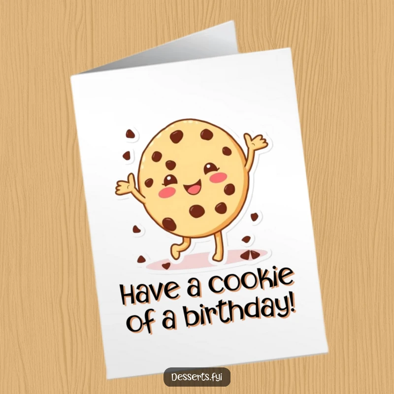 Funny Free Printable cookie birthday card, a cheerful cookie character with chocolate chips doing a delightful happy dance.
