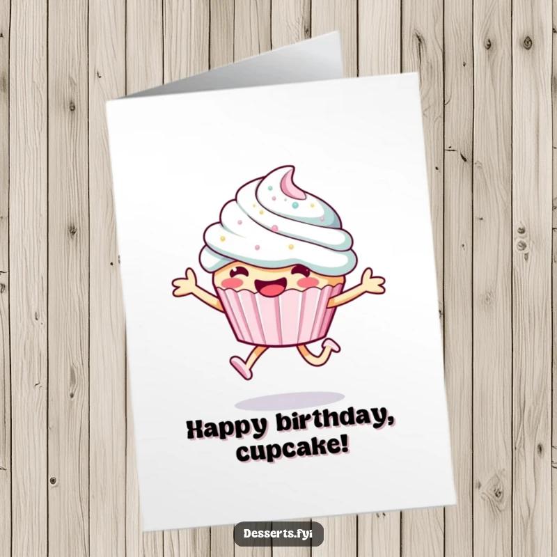 Funny Free Printable cupcake birthday card, a smiling character joyfully leaping with shiny, sparkly frosting, celebrating birthdays.