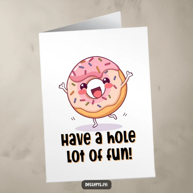 Funny Free Printable Birthday Card: Cheerful donut with sprinkles doing a joyful cartwheel with glee, celebrating with fun.