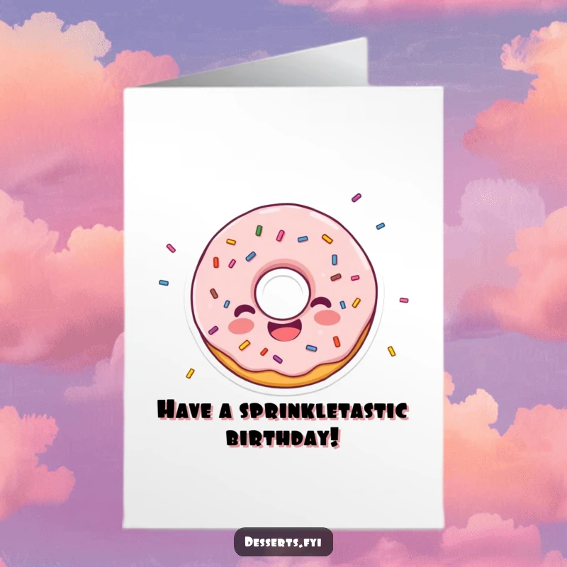 Funny Free Printable Donut character scattering sprinkles, a joyful DIY birthday card.