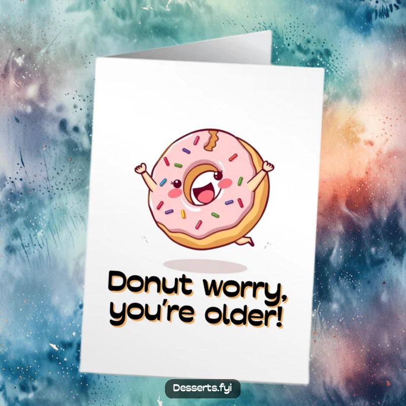Free Printable Birthday Card: Cheerful donut with sprinkles does a joyful cartwheel with pure glee.
