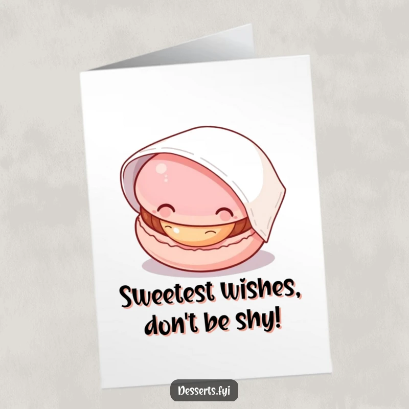 Funny Free Printable Birthday Card featuring a curious macaron peeking from under a napkin, ready to celebrate.