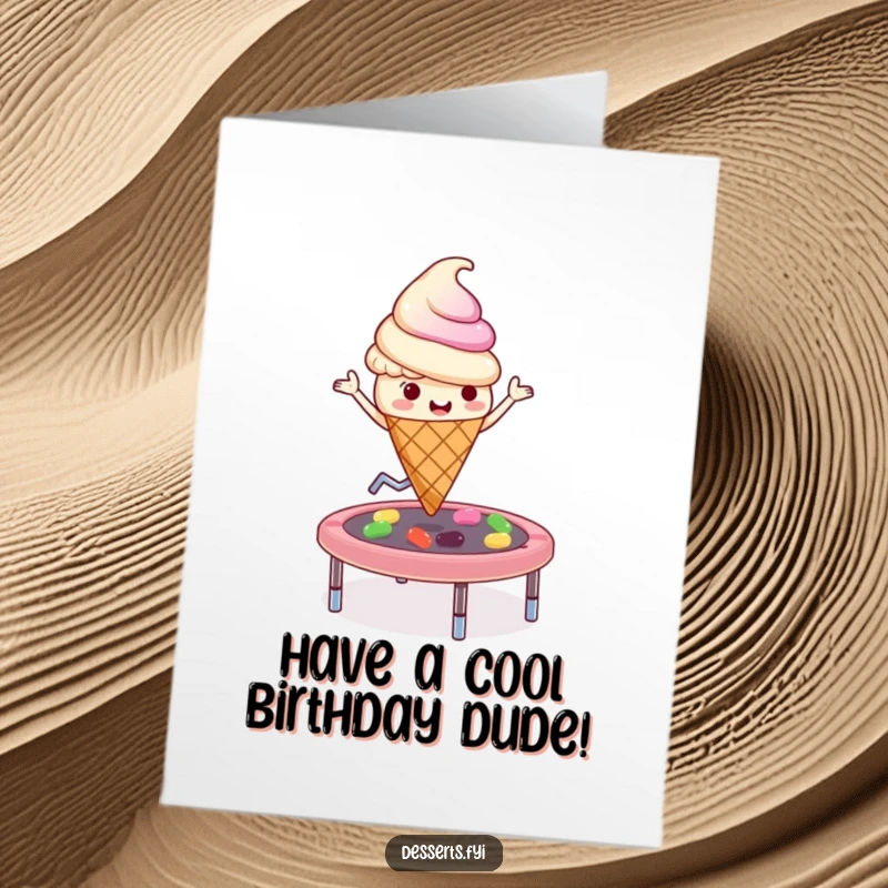 Funny Free Printable Birthday Card: Playful ice cream cone bounces on a jelly bean trampoline, celebrating joy, downloadable gift.