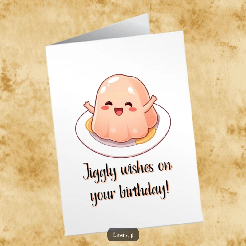 Funny Free Printable jelly birthday card, a wobbly jelly character bouncing with pure delight on a clean white plate.