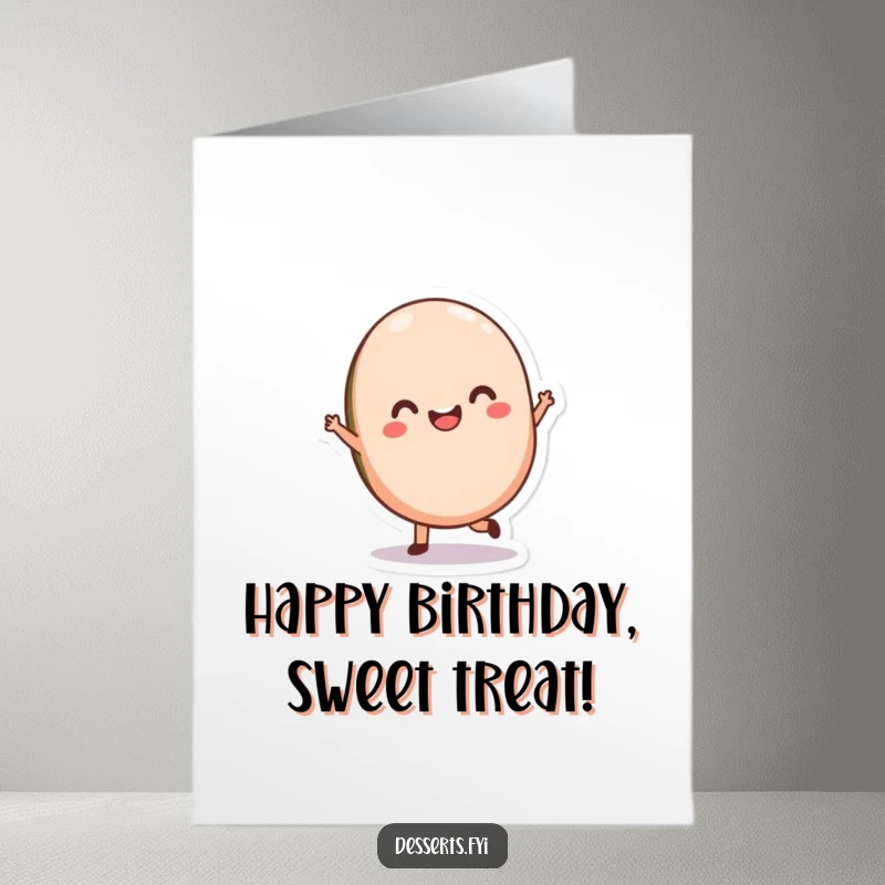 Funny Free Printable Macaron Birthday Card: Delighted macaron twirling, celebrating with joy, downloadable DIY gift.