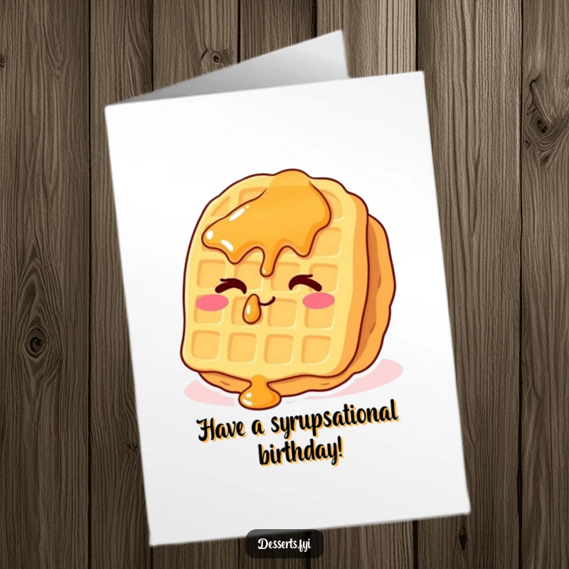 Funny Free Printable Birthday Card: A whimsical waffle with syrup drops winks cheekily, celebrating with flair.