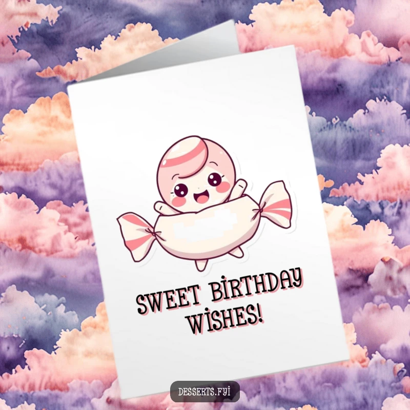 Funny Free Printable Birthday Card: Playful candy character joyfully bounces inside its wrapper, radiating excitement.
