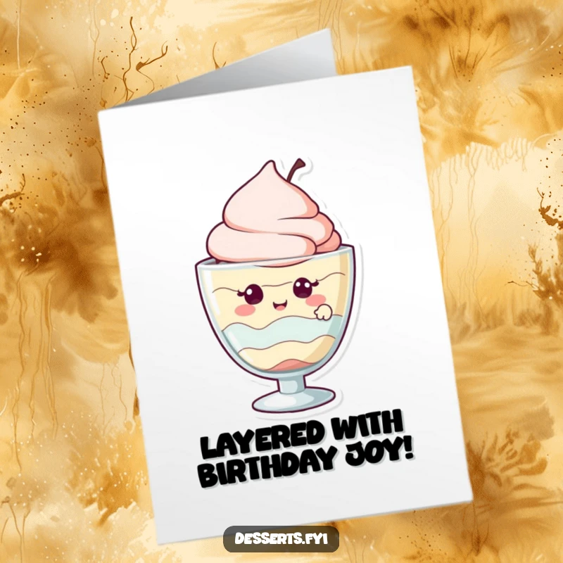 Funny Free Printable Birthday Card: A giggling parfait character peeks merrily out from its glass, celebrating.