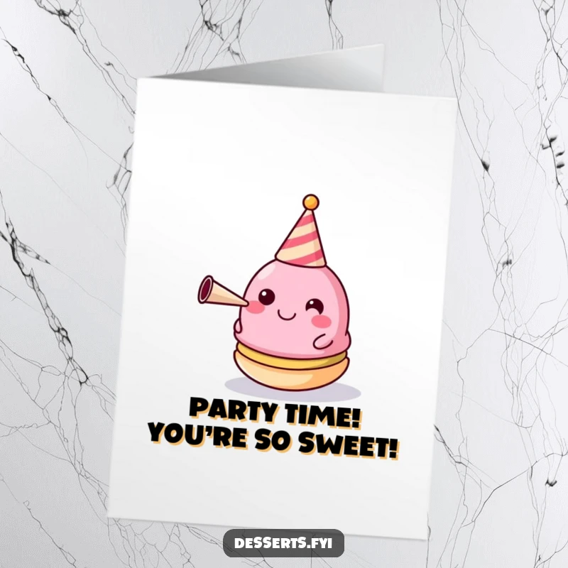 Funny Free Printable Birthday Card: Happy macaron in a party hat blows a horn, a festive DIY gift.