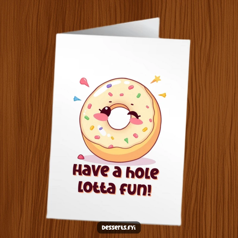 Funny Free Printable Birthday Card: A joyful donut character winks while sprinkling colorful candy dots.