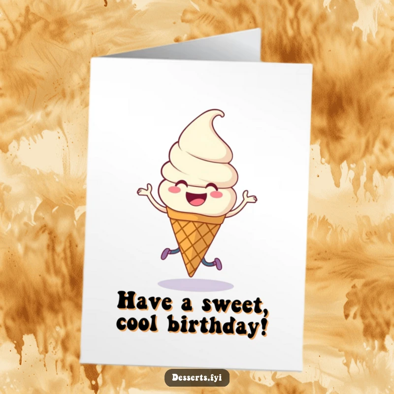 Funny Free Printable Birthday Card: A smiling ice cream cone character with legs joyfully performing a lively jig, full of birthday energy.
