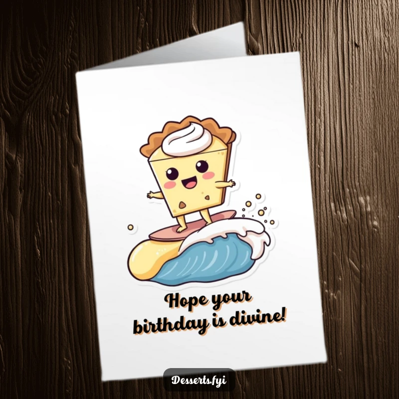 Funny Free Printable Birthday Card: Happy pie slices surfs on a custard wave with a grin, celebrating birthday, downloadable gift.