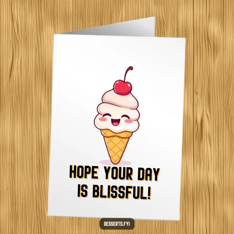 Funny Free Printable Birthday Card: Giggling ice cream cone with a cherry on top bouncing with delight, pure birthday joy.