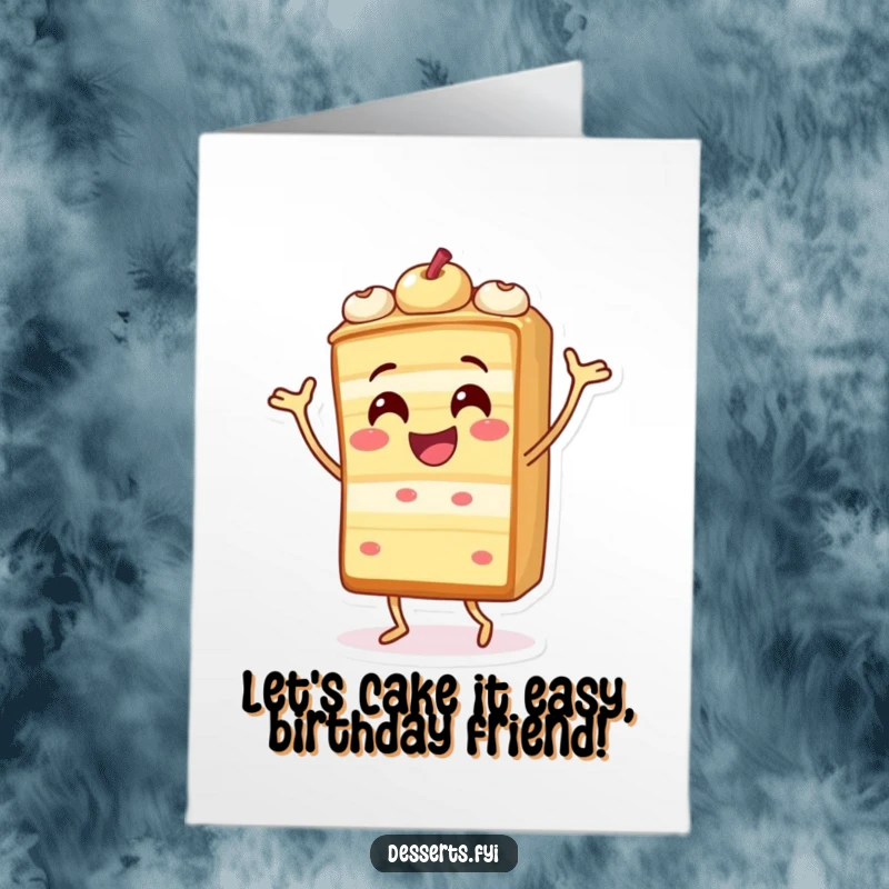 Funny Free Printable Birthday Card featuring a cheerful slice of cake character performing a hilarious, silly dance.