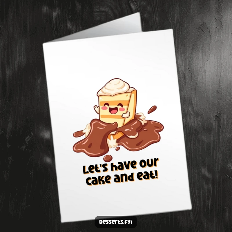 Funny Free Printable cake birthday card, a joyful slice of cake character happily sliding down a luscious chocolate syrup river.