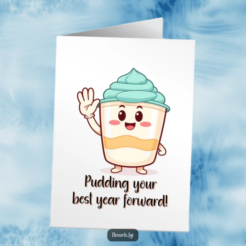 Funny Free Printable Birthday Card featuring a playful pudding cup character giving a cheerful and enthusiastic salute.